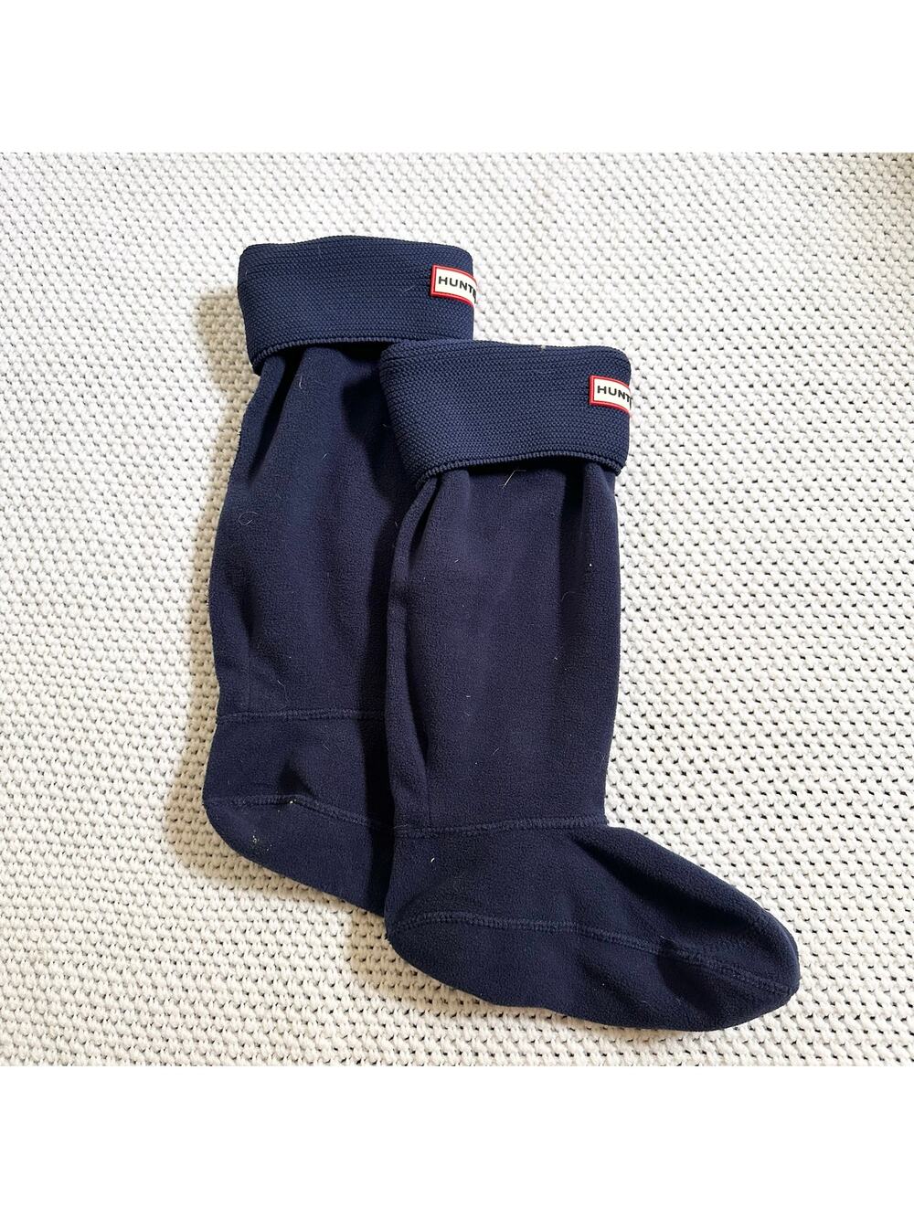 Hunter Navy Blue Sweater Garter Stitch Cuff Boot Socks Fleece Medium Women 5-7